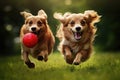 Two dogs of different breeds running together with a red ball in their mouths, Two dogs running with a red ball in their mouths on Royalty Free Stock Photo