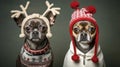 two dogs dressed in christmas clothing