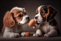 two dogs, each with their own chew toy, sitting and playing together