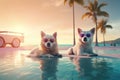 Two dogs in glasses lie on sunbeds on the sand on the beach near the ocean, tropics and sea, palm trees weekend summer vacation, Royalty Free Stock Photo