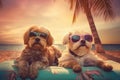 Two dogs in glasses lie on sunbeds on the sand on the beach near the ocean, tropics and sea, palm trees weekend summer vacation, Royalty Free Stock Photo