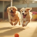 two dogs gleefully playing together, chasing a ball in a dynamic mid-shotÃ¢â¬âideal for pet care imagery