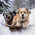 Two dogs having winter fun on a sledge in the snow.