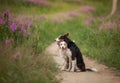 Two dogs hugging together for a walk. Pets in nature. Cute border collie in a field in colors. St. Valentine`s Day.