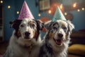 Two dogs indoor wearing festive birthday bandanas. Generate ai