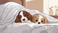 Two dogs laying on a bed under a blanket