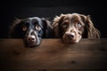 Two dogs looking out of a wooden box on a black background. Cute dogs peeking over a wooden board, AI Generated