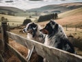 Two dogs looking over a wooden fence, AI Royalty Free Stock Photo