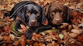 Two dogs lying in leaves. Pembroke welsh corgi puppy with german shepherd dog in autumn. ai