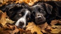 Two dogs lying in leaves. Pembroke welsh corgi puppy with german shepherd dog in autumn. ai