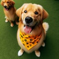 Two dogs, one in the foreground, the other in the background. In front, the dog looks pitifully at its owner