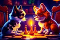 Two dogs playing game of chess on checkerboard with candle in front of them. Generative AI