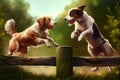 two dogs playing in the park, chasing after each other and jumping over obstacles