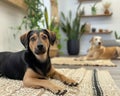 Two Dogs Relaxing in a Cozy Home Environment, A black and tan dog in the foreground with a relaxed tan dog in the background, both