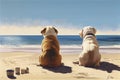 two dogs relaxing on sun-drenched beach, with view of the sea