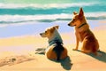 two dogs relaxing on sun-drenched beach, with view of the sea