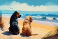 two dogs relaxing on sun-drenched beach, with view of the sea