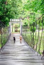 Two dogs run across the hanging wooden bridge Royalty Free Stock Photo