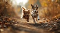 Two dogs running together on a dirt road in autumn, AI