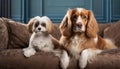 Two dogs sitting on the couch looking at camera. Lovely pets. Domestic life.