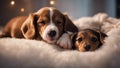 two dogs sitting on the floor A peaceful scene of a newborn baby puppy and a dachshund sleeping side by side Royalty Free Stock Photo