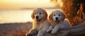 Two Dogs Sitting on Log Near Water, Canine Companions Enjoying a Tranquil Moment