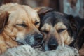 Two dogs snuggling together. Two adorable puppies sleeping together close up. Generative AI Royalty Free Stock Photo