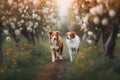 two dogs are standing in the middle of a path in the woods