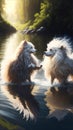 Two Dogs standing river, Hair glowing brightly play dance together. AI Generative