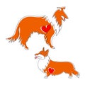 Two dogs in the style of linear art. Breed of dogs collie and Pembroke Welsh Corgi.