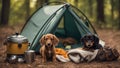 two dogs in a tent A humorous depiction of a newborn puppy and a dachshund asleep in a miniature tent,