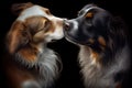 two dogs, with their heads together and tails wagging, sharing an intimate moment