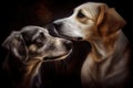 two dogs, with their heads together and tails wagging, sharing an intimate moment