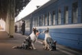 Two dogs together. Meeting at the station. Travelling Royalty Free Stock Photo