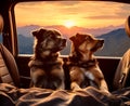 two dogs travels by car in summer. Pets on vacation