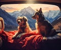 two dogs travels by car in summer. Pets on vacation