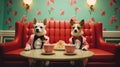 Two dogs in tuxedos sitting on a red couch, AI