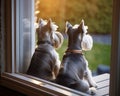 Two dogs are watching at the front window.