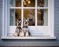 Two dogs are watching at the front window.