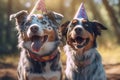 Two dogs wearing birthday bandanas. Generate ai