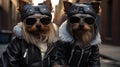 Two dogs wearing leather jackets and sunglasses. AI