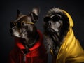 Two fashion dogs wearing sunglasses and a yellow jacket. AI generative image. Royalty Free Stock Photo