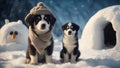 two dogs in winter A comical depiction of a puppy and adult Malamute dressed as famous explorers,