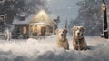 Two dogs in the yard during a winter blizzard