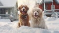 Two dogs in the yard during a winter blizzard