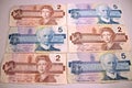 Two dollar bills Canadian five dollar bills pattern