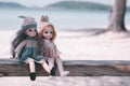 Two dolls so cute sitting on wood swing with sea beach background Royalty Free Stock Photo