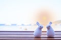 Two dolls sitting on wooden table at beach lounge Royalty Free Stock Photo