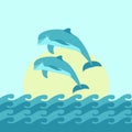 Two Dolphin jumping blue sea background with waves and Sun. Vector illustration. Season design Royalty Free Stock Photo