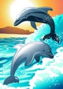 Two dolphin swimming at a beach at sunrise Royalty Free Stock Photo